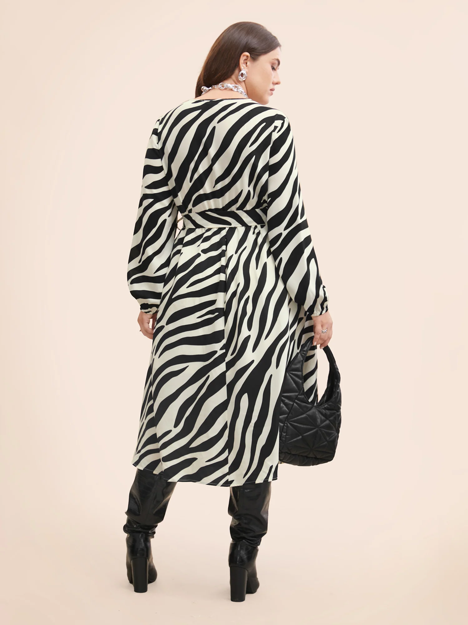 Zebra Print Overlap Collar Split Hem Dress - Image 4