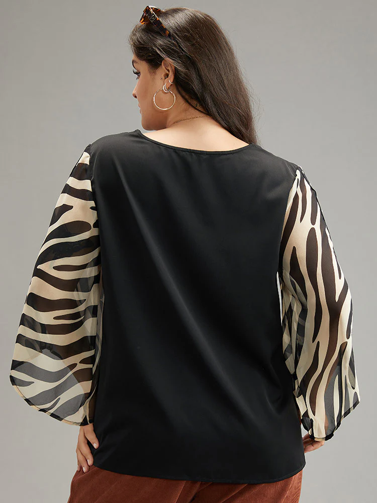 Zebra Print Chiffon Patchwork Pearl Beaded Blouse - Image 2