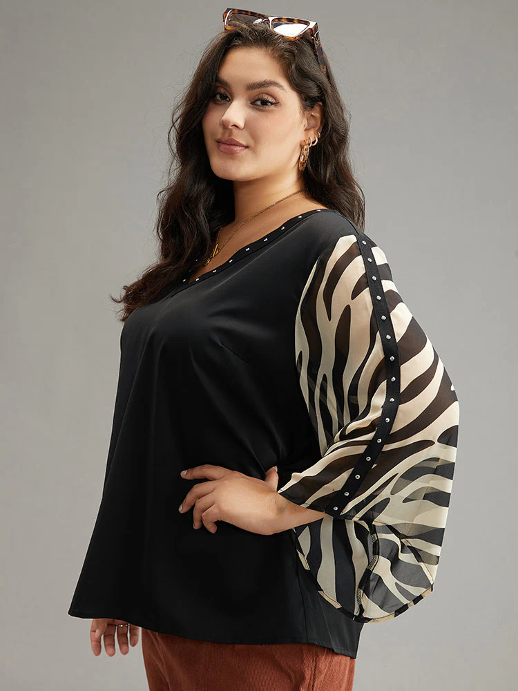Zebra Print Chiffon Patchwork Pearl Beaded Blouse - Image 3