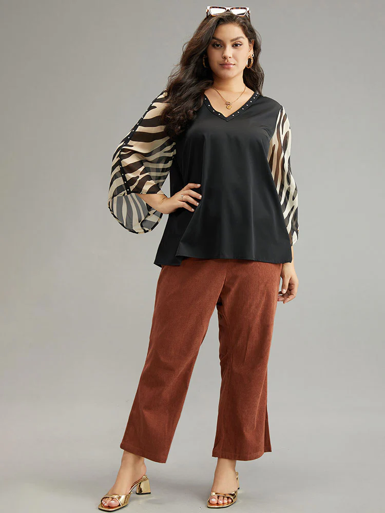 Zebra Print Chiffon Patchwork Pearl Beaded Blouse - Image 4