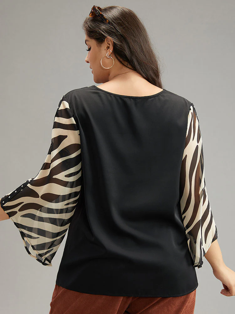 Zebra Print Chiffon Patchwork Pearl Beaded Blouse - Image 5