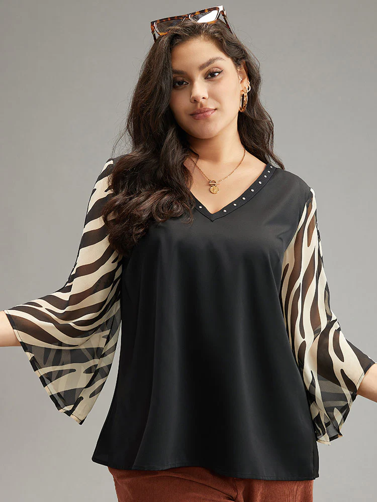 Zebra Print Chiffon Patchwork Pearl Beaded Blouse - Image 6