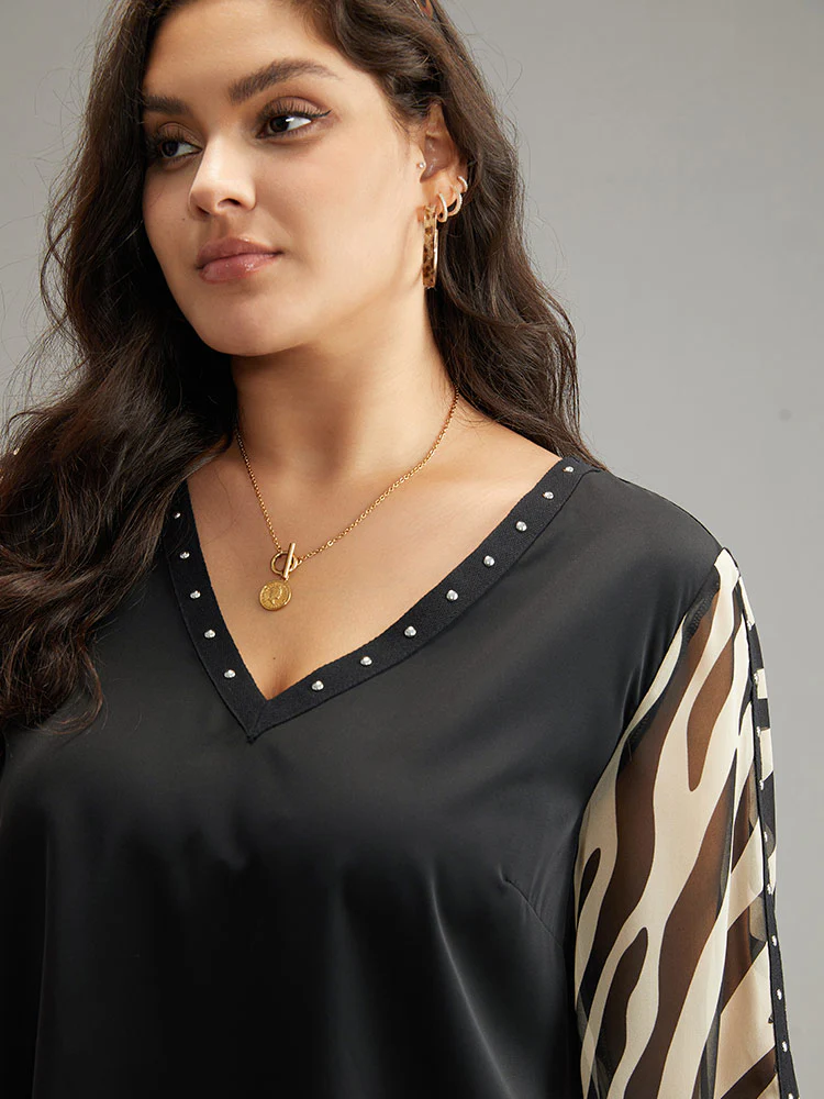 Zebra Print Chiffon Patchwork Pearl Beaded Blouse - Image 7