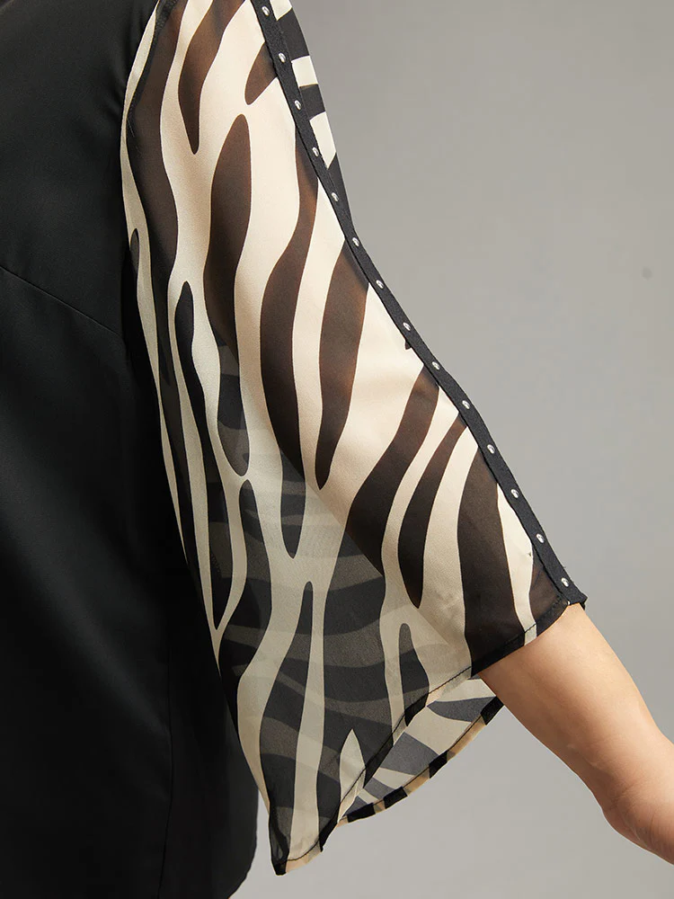 Zebra Print Chiffon Patchwork Pearl Beaded Blouse - Image 8
