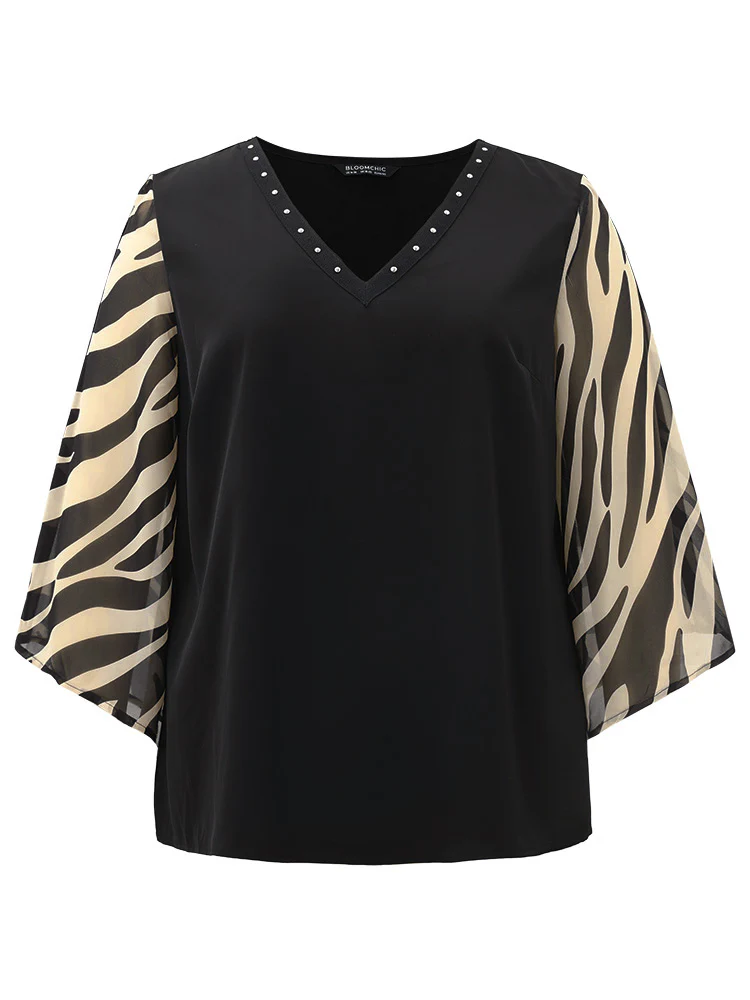 Zebra Print Chiffon Patchwork Pearl Beaded Blouse - Image 9