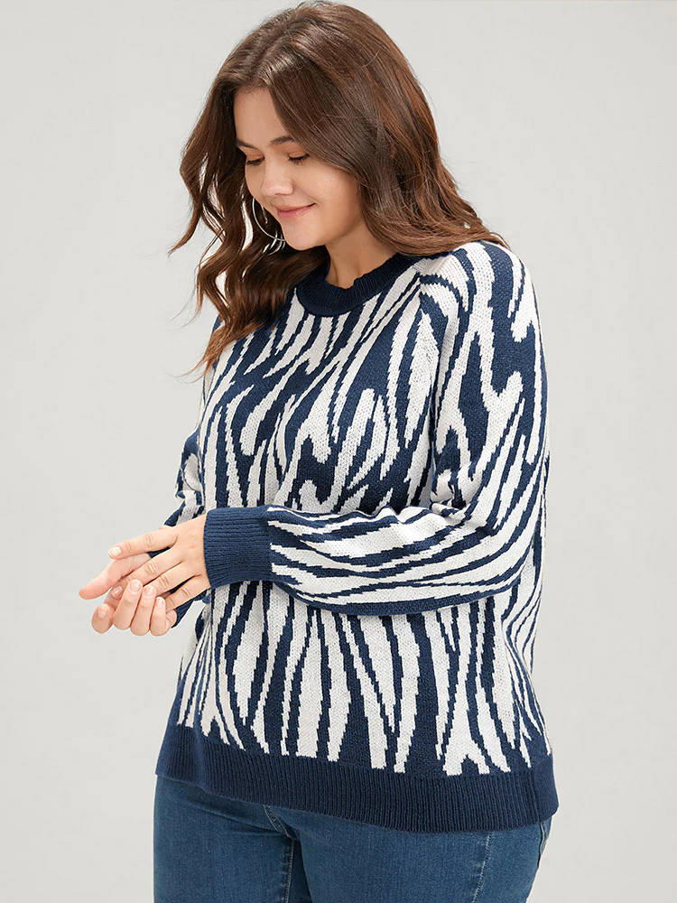 Zebra Print Pointelle Knit Raglan Sleeve Jacquard Knit Top - Image 3