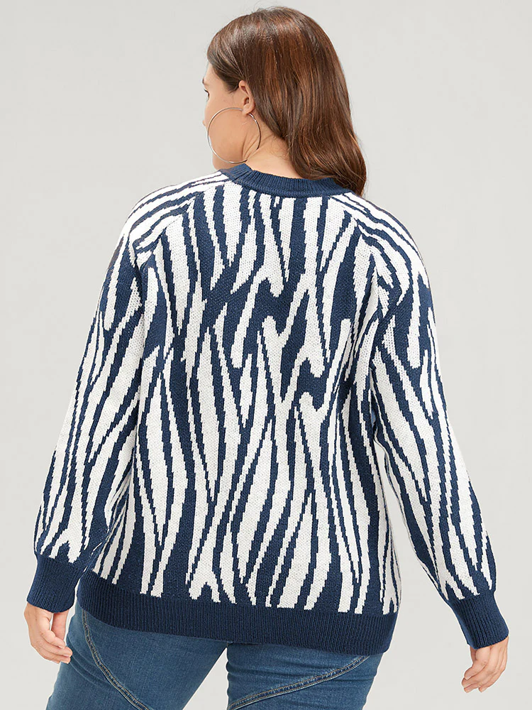Zebra Print Pointelle Knit Raglan Sleeve Jacquard Knit Top - Image 5