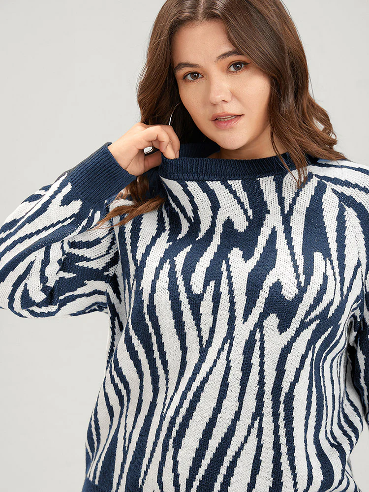 Zebra Print Pointelle Knit Raglan Sleeve Jacquard Knit Top - Image 6