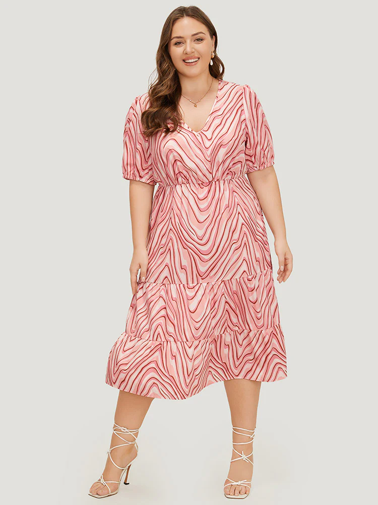 Zebra Print Puff Sleeve Pocket Layered Hem Dress - Image 2