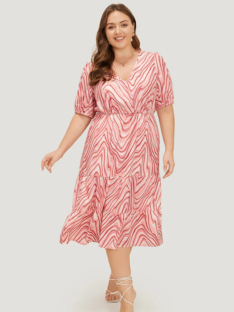 Zebra Print Puff Sleeve Pocket Layered Hem Dress - Image 3