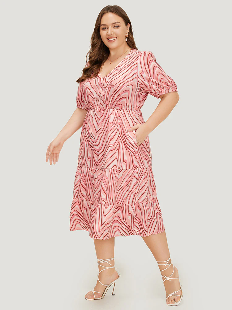 Zebra Print Puff Sleeve Pocket Layered Hem Dress - Image 4