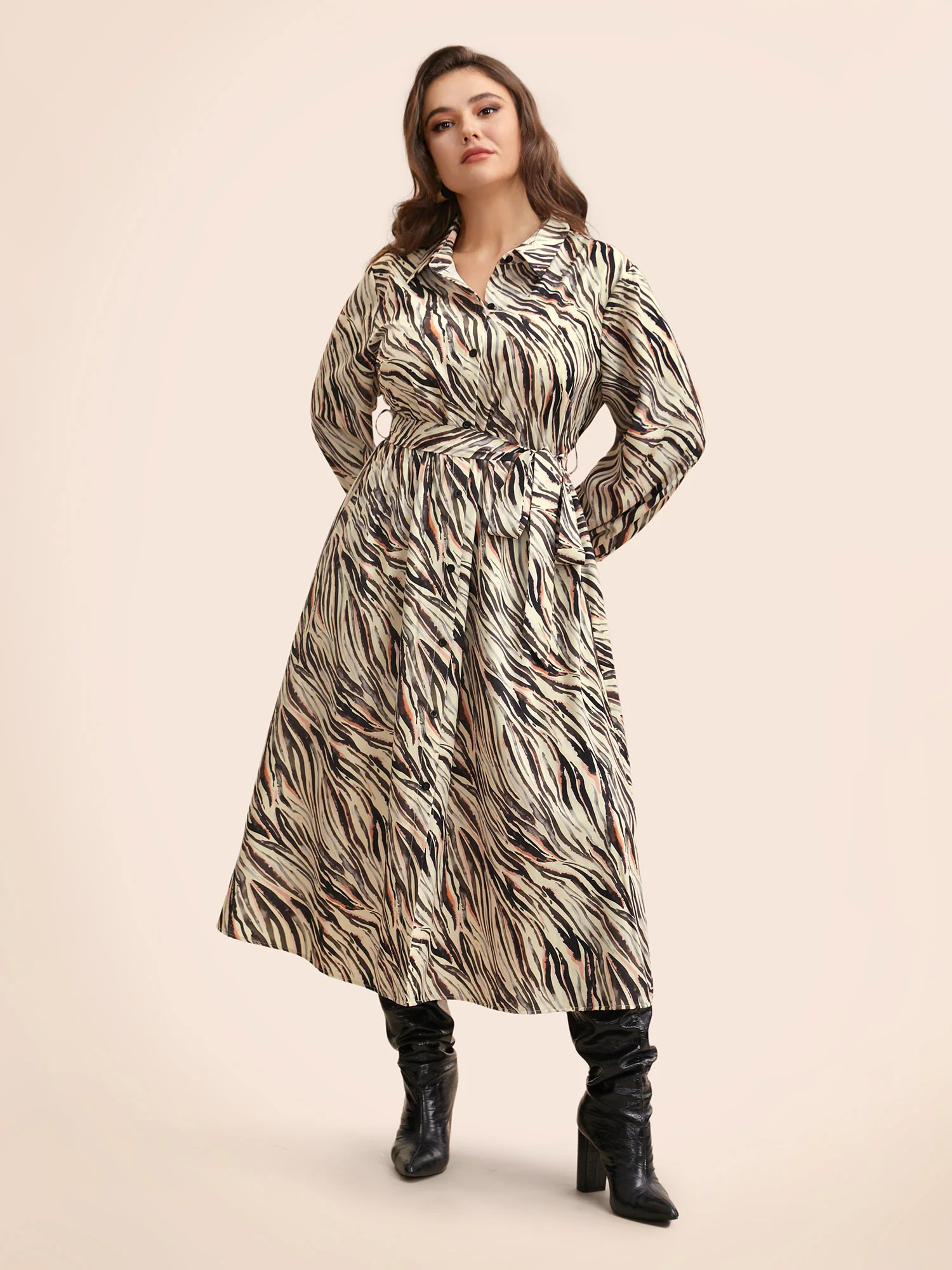 Zebra Print Shirt Collar Belted Dress - Image 2