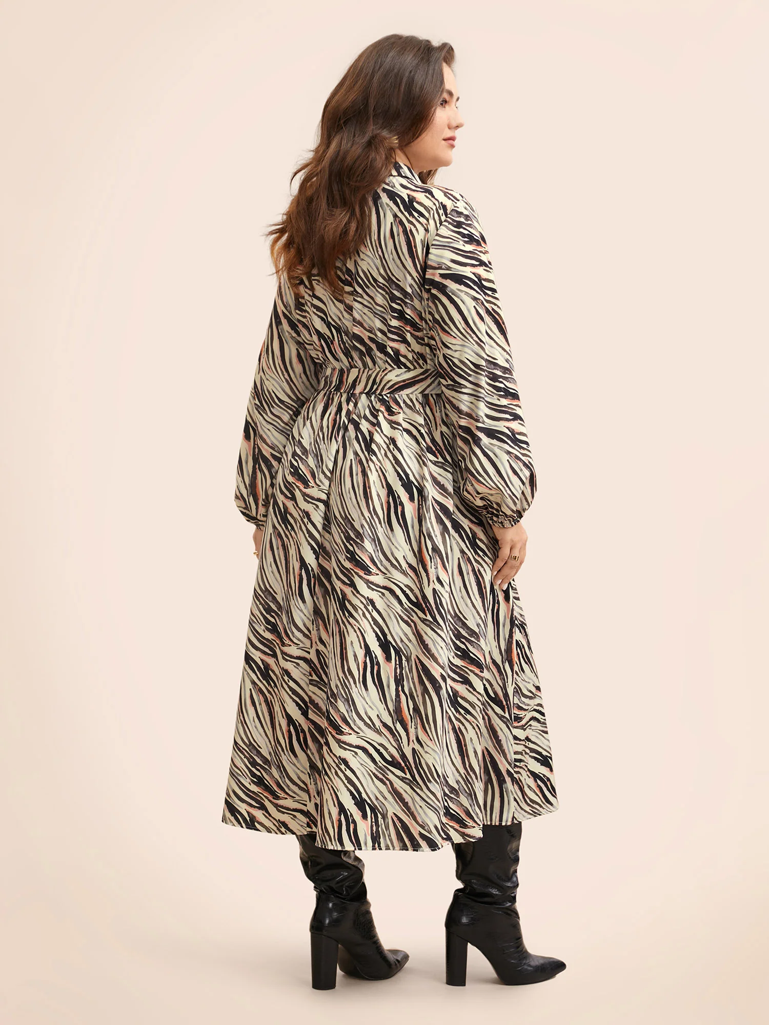 Zebra Print Shirt Collar Belted Dress - Image 3