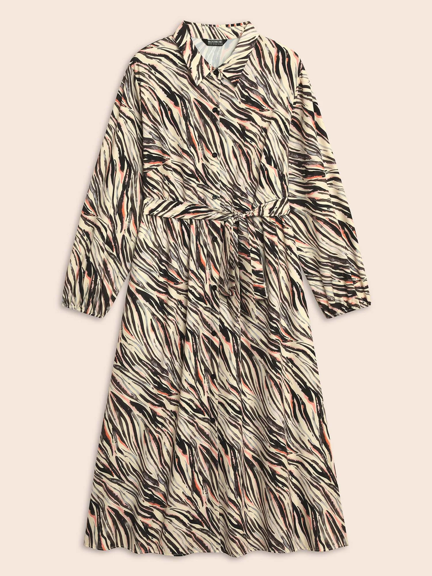 Zebra Print Shirt Collar Belted Dress - Image 7