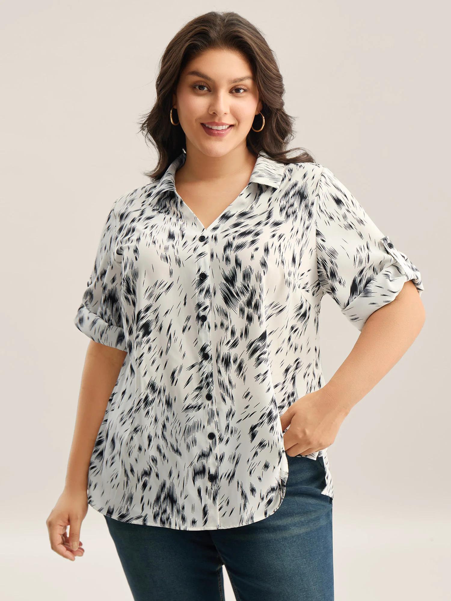 Zebra Print Tab Sleeve Shirt Collar Blouse - Image 2