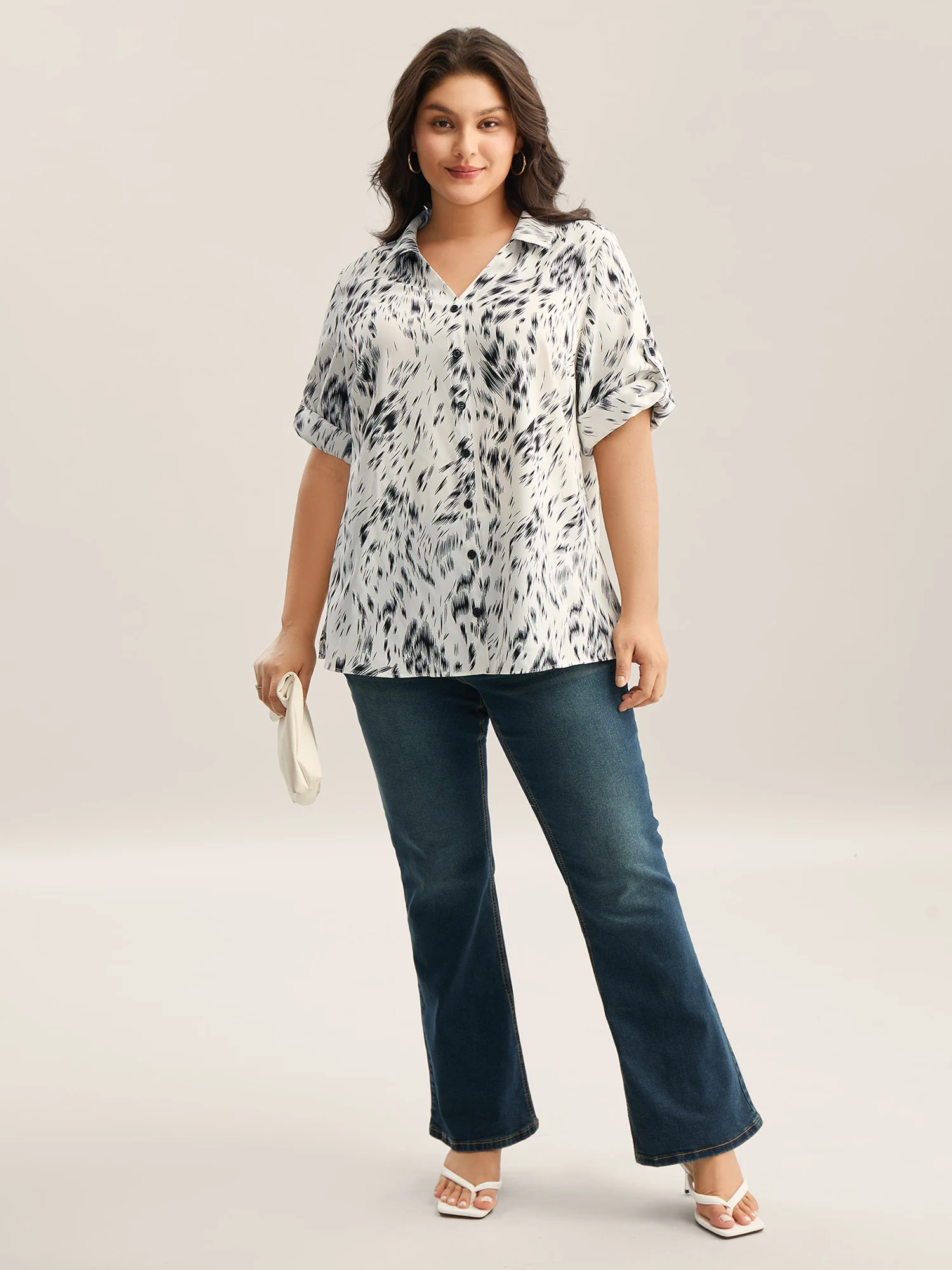 Zebra Print Tab Sleeve Shirt Collar Blouse - Image 3