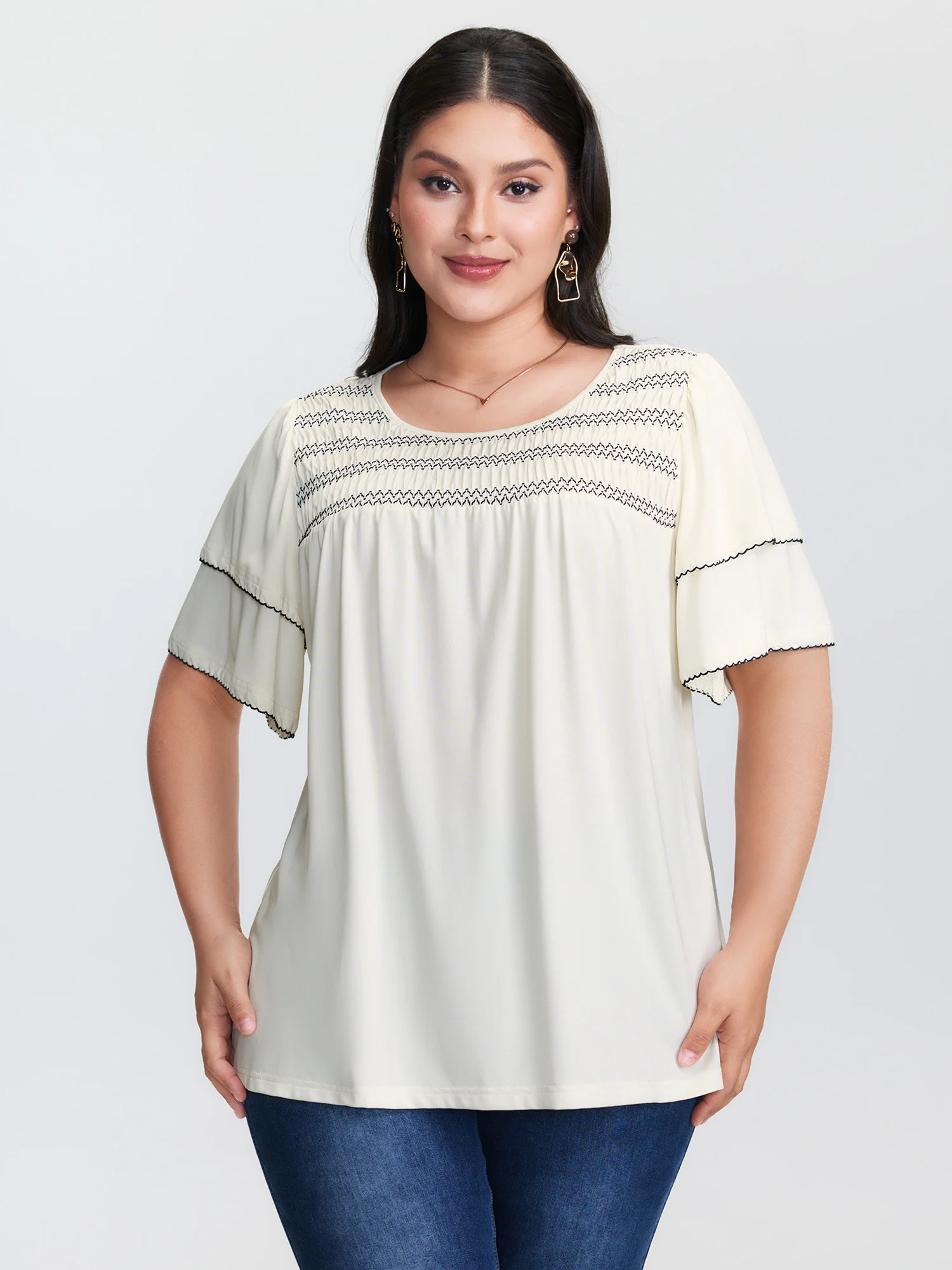 Zigzag Lace Trim Layered Sleeve T-Shirt