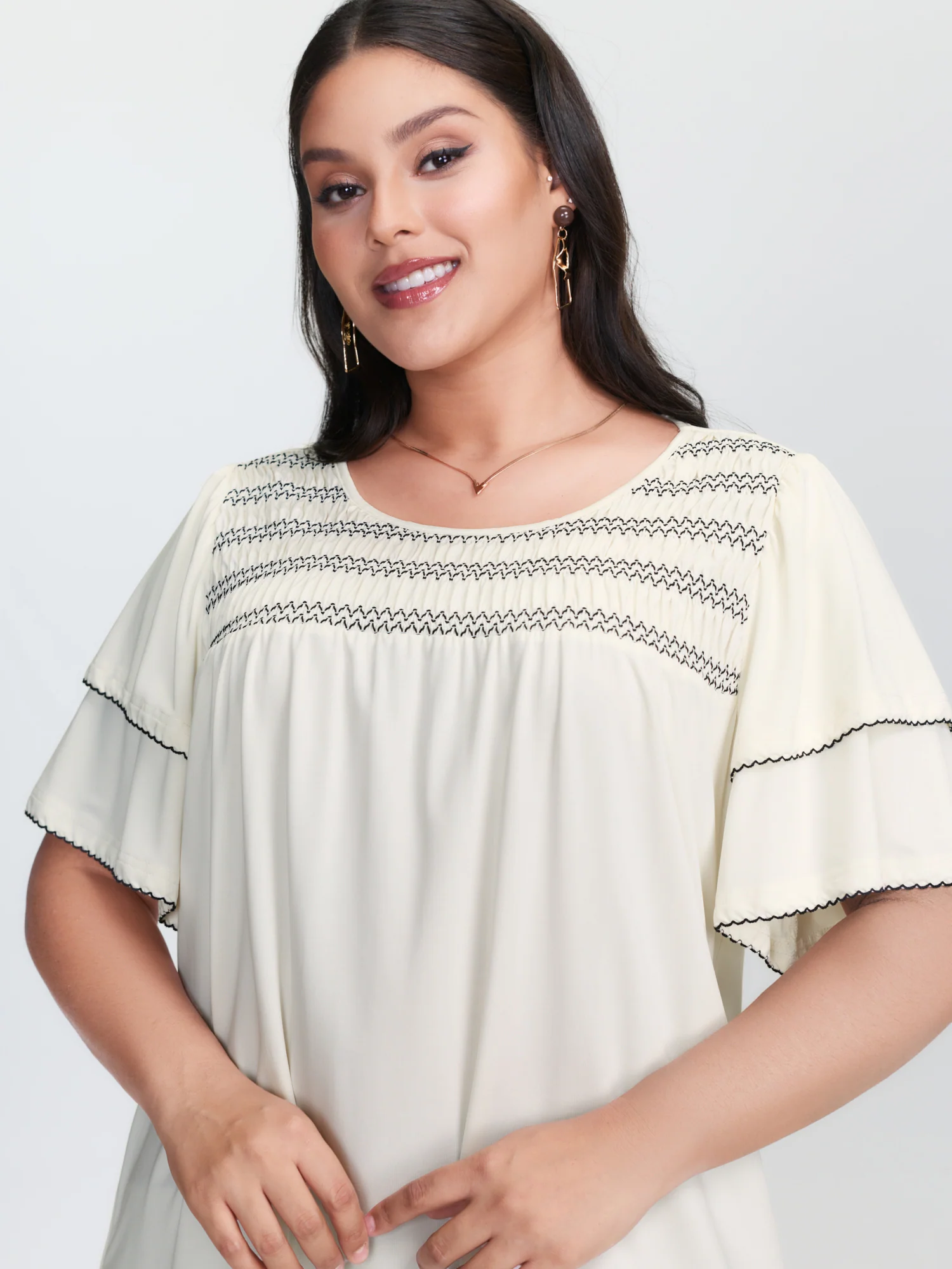 Zigzag Lace Trim Layered Sleeve T-Shirt - Image 2