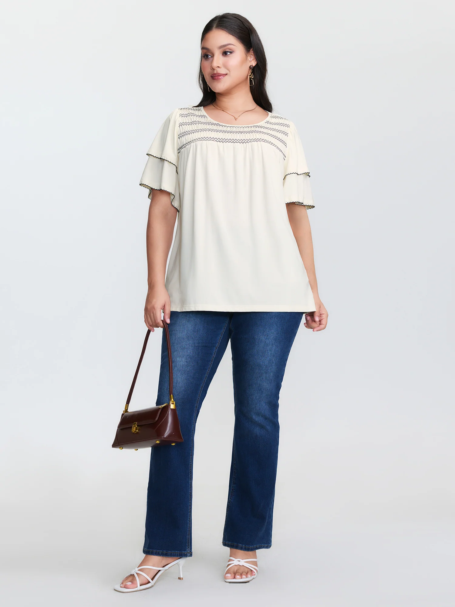 Zigzag Lace Trim Layered Sleeve T-Shirt - Image 3