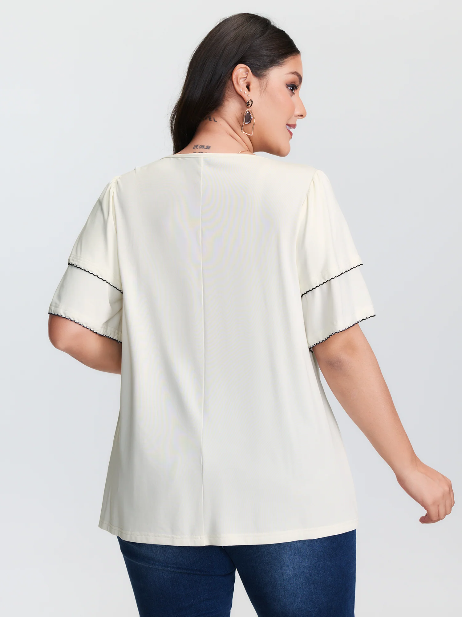 Zigzag Lace Trim Layered Sleeve T-Shirt - Image 4