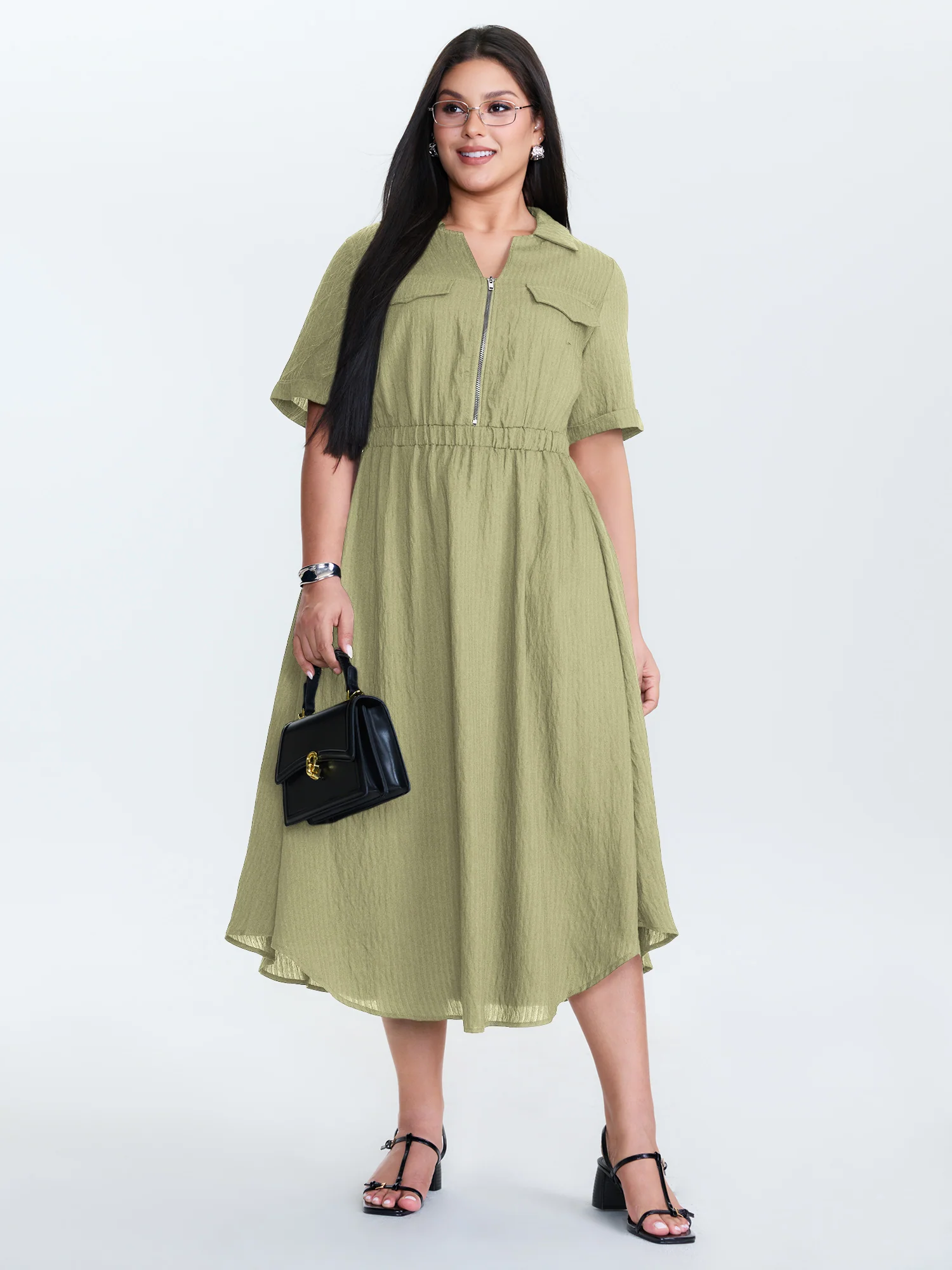 Zipper Front Collar Plain Midi Dress - Image 10