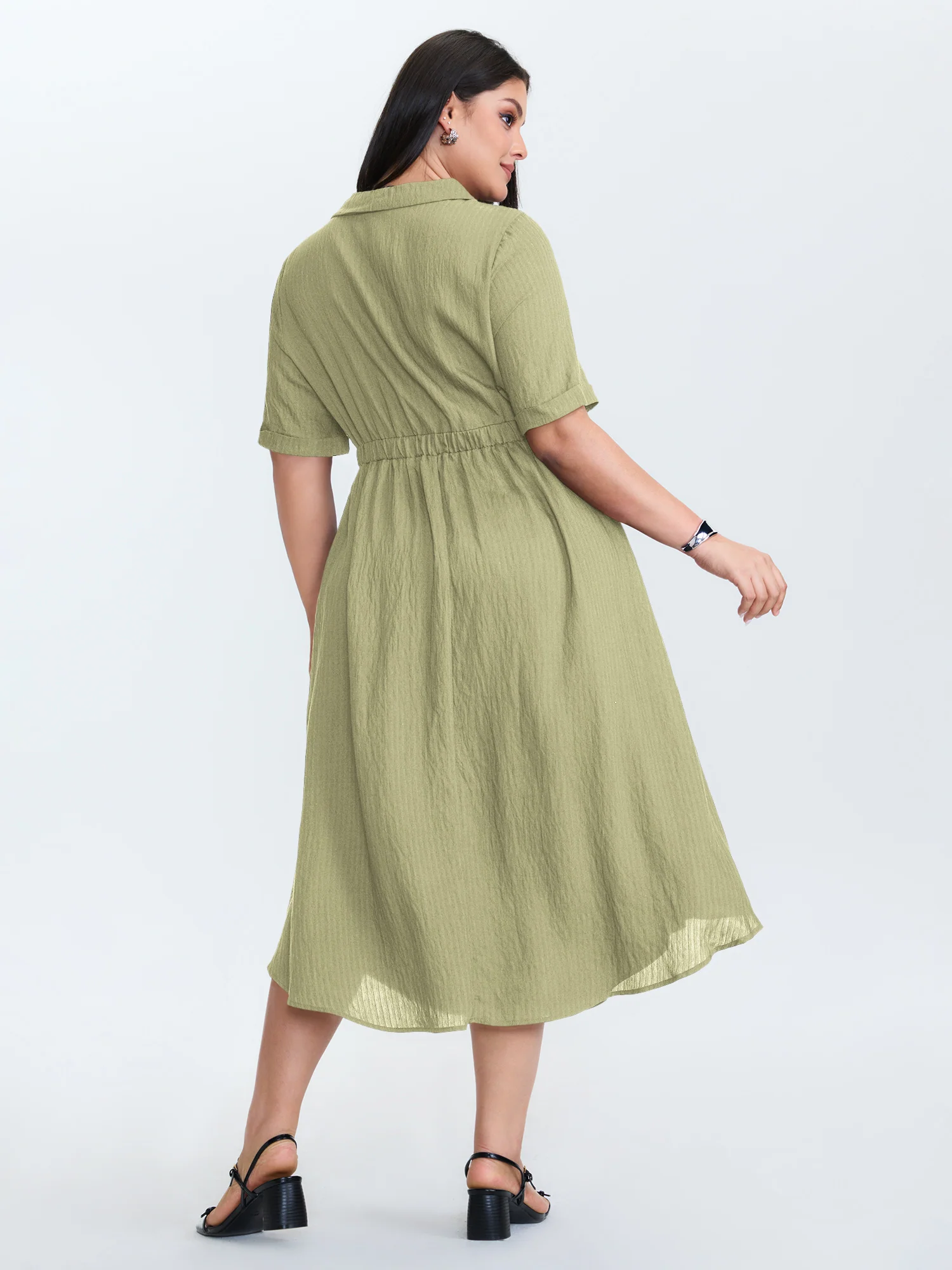 Zipper Front Collar Plain Midi Dress - Image 11