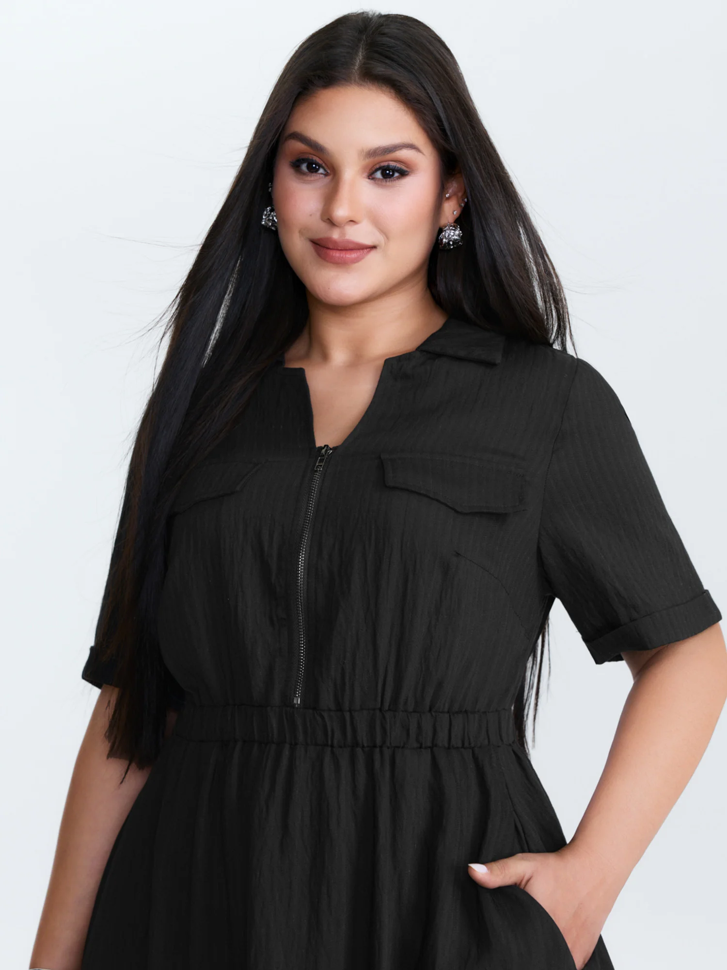 Zipper Front Collar Plain Midi Dress - Image 2