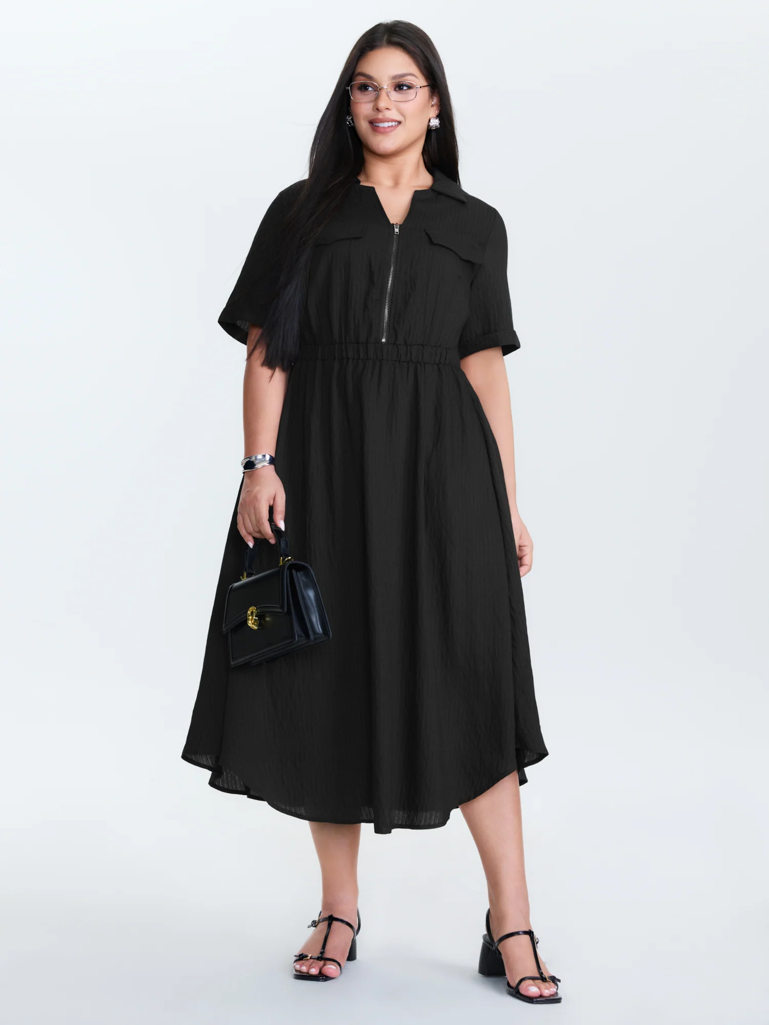 Zipper Front Collar Plain Midi Dress - Image 3