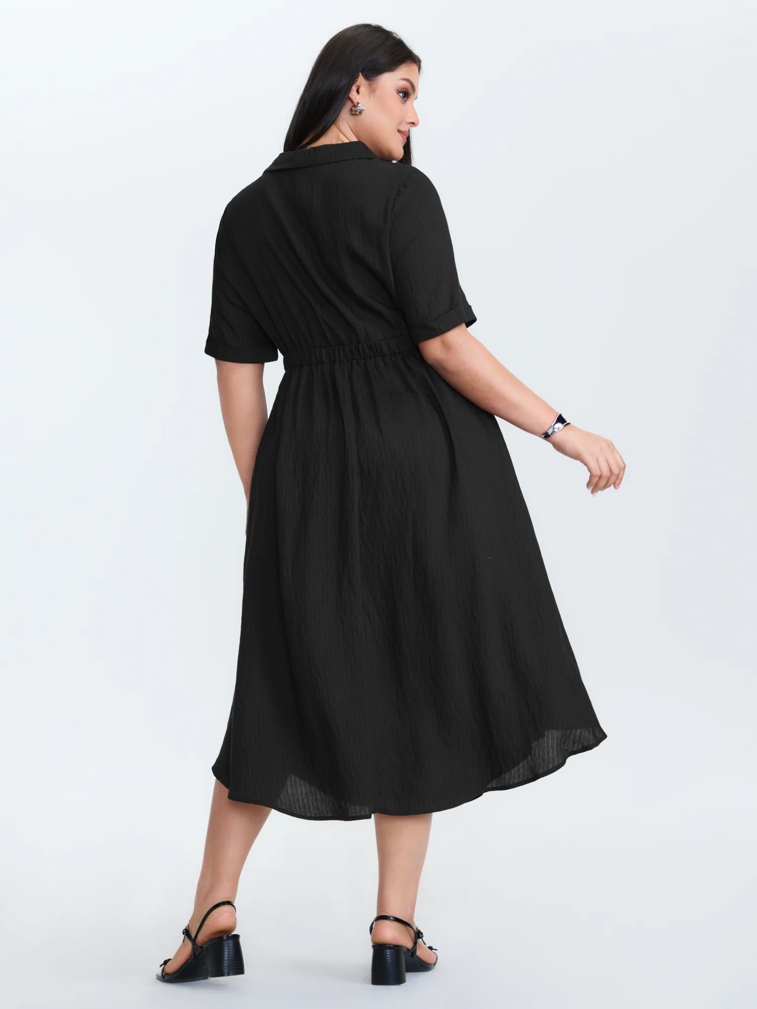 Zipper Front Collar Plain Midi Dress - Image 4