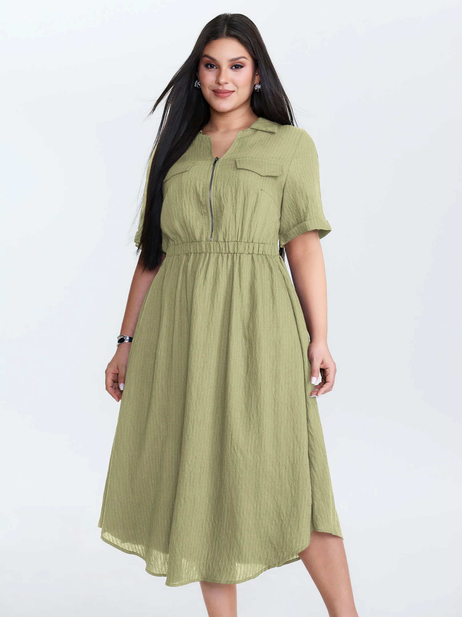 Zipper Front Collar Plain Midi Dress - Image 8