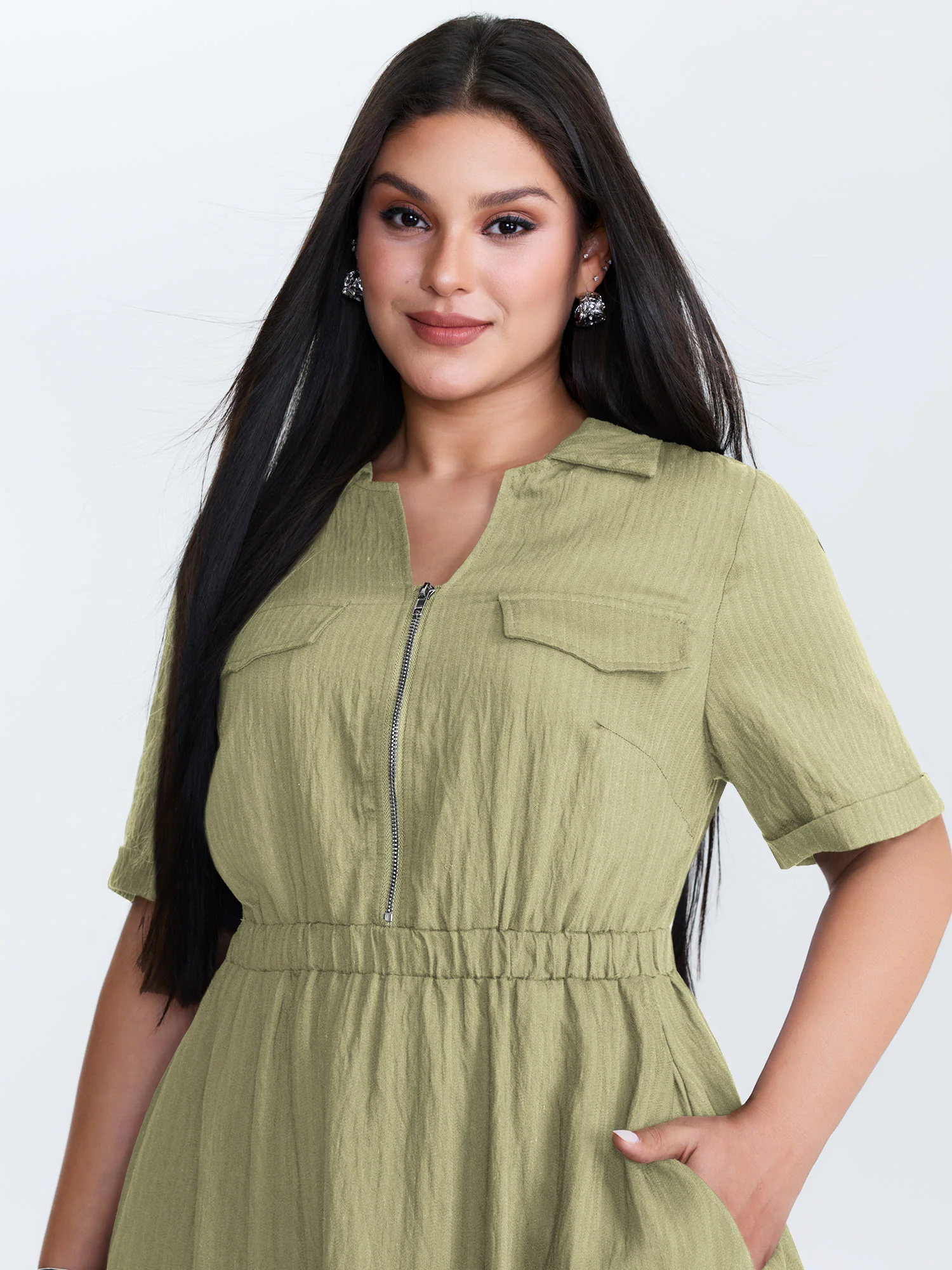Zipper Front Collar Plain Midi Dress - Image 9