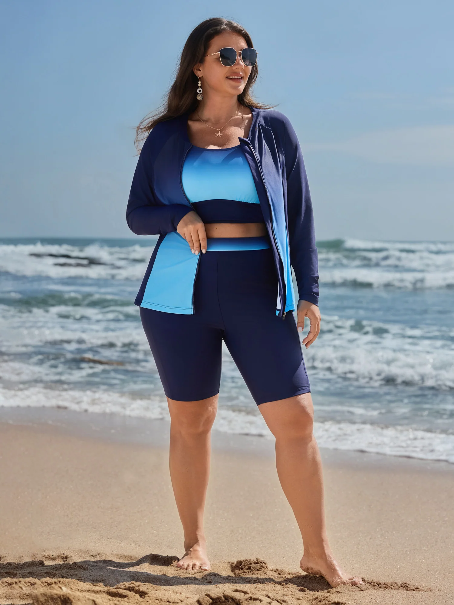 Zipper Front Color Gradient Pockets Swim Top - Image 3