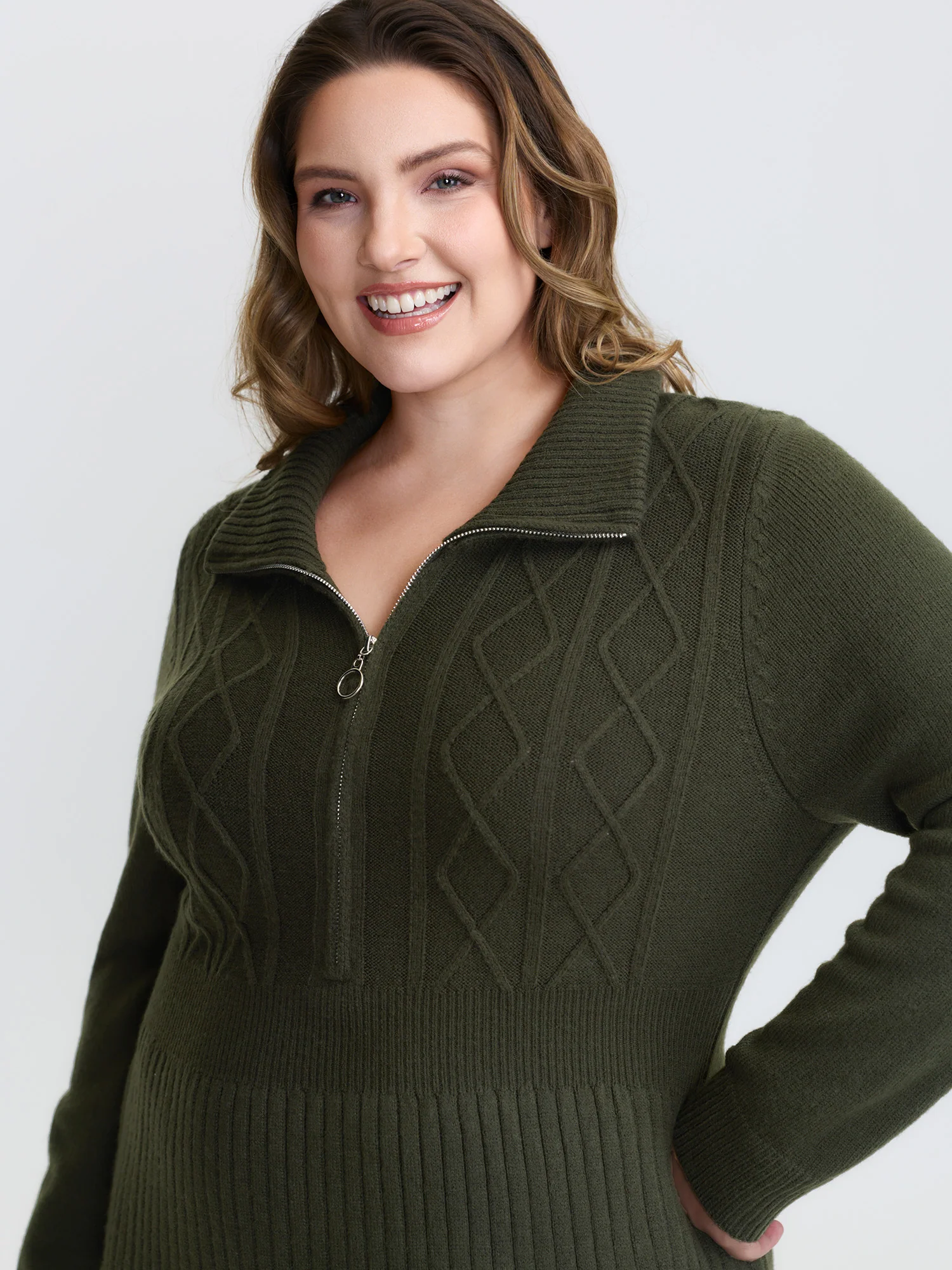Zipper Front Fit and Flare Midi Sweater Dress - Image 2