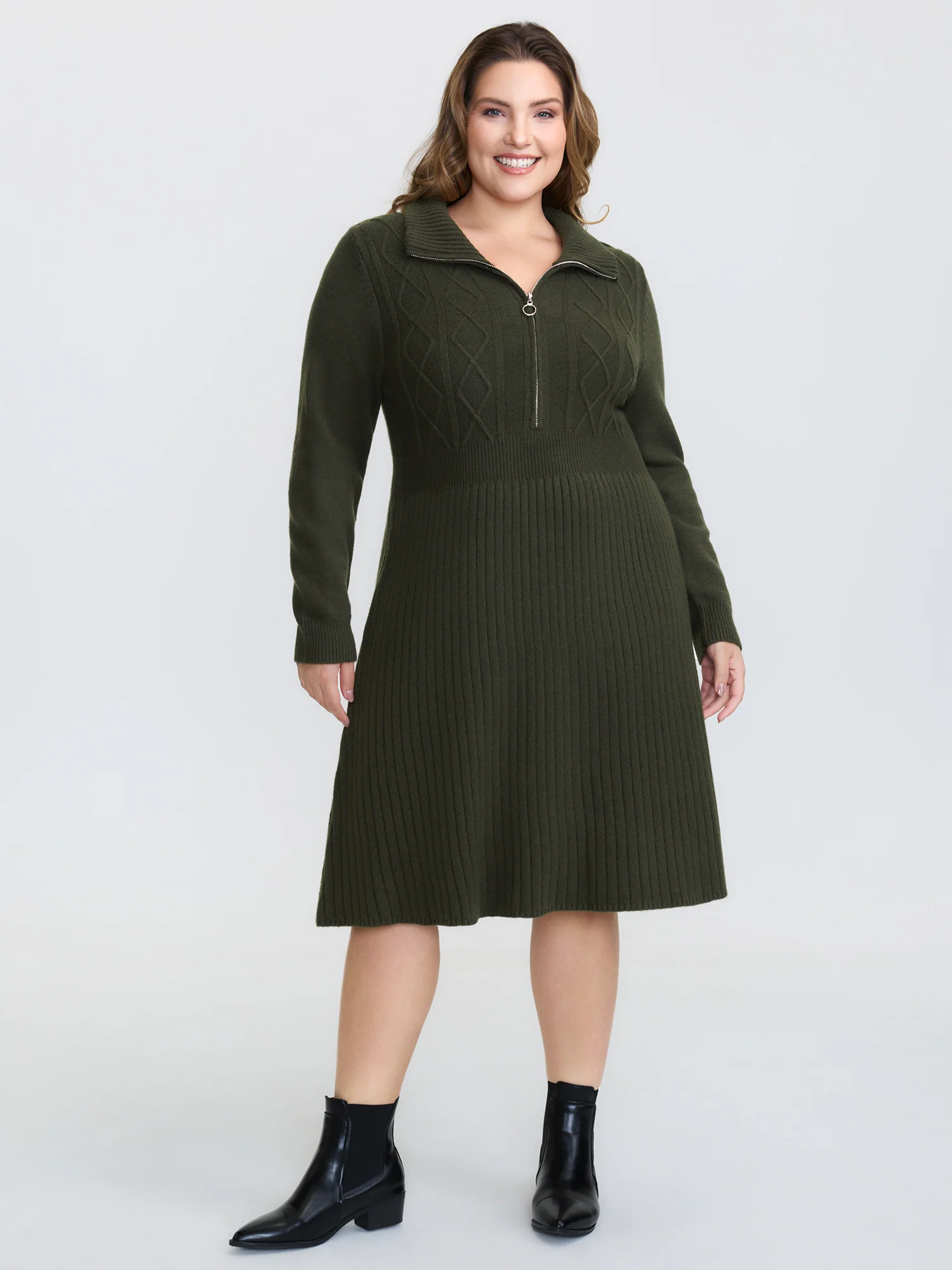 Zipper Front Fit and Flare Midi Sweater Dress - Image 3