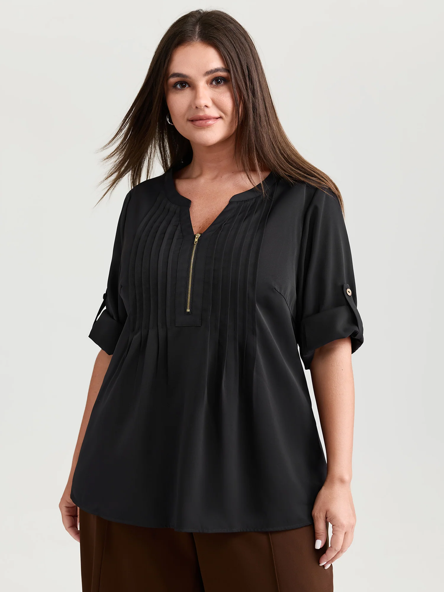 Zipper Front Pleated Flowy Blouse