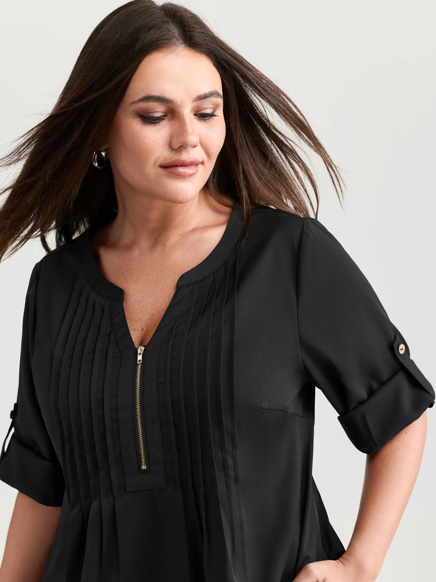 Zipper Front Pleated Flowy Blouse - Image 2