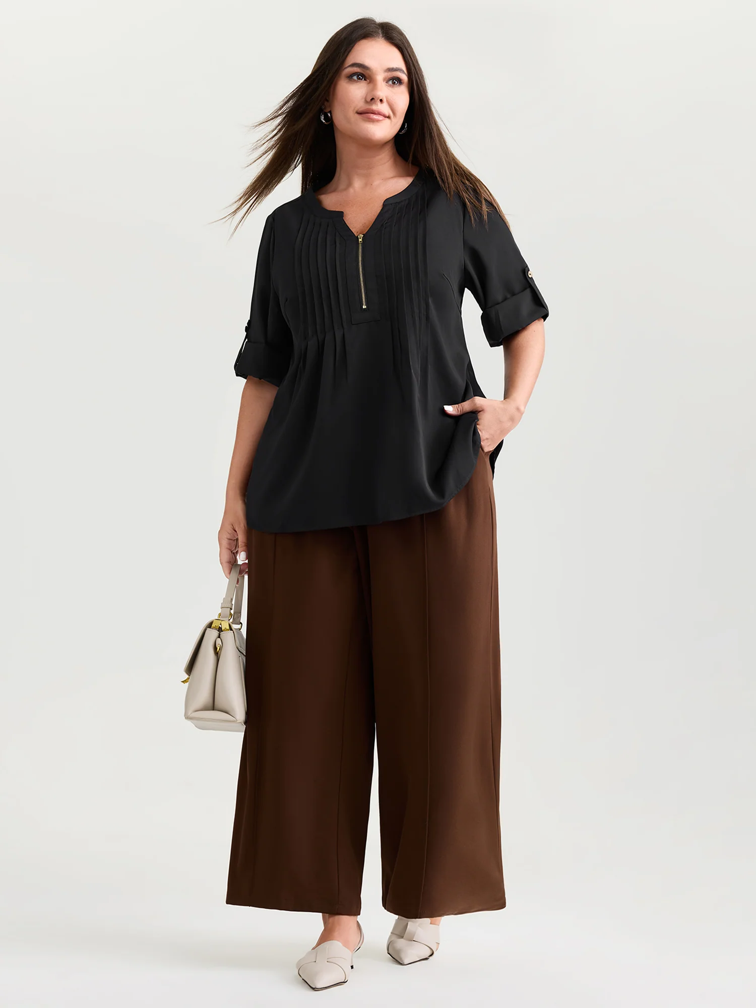Zipper Front Pleated Flowy Blouse - Image 3