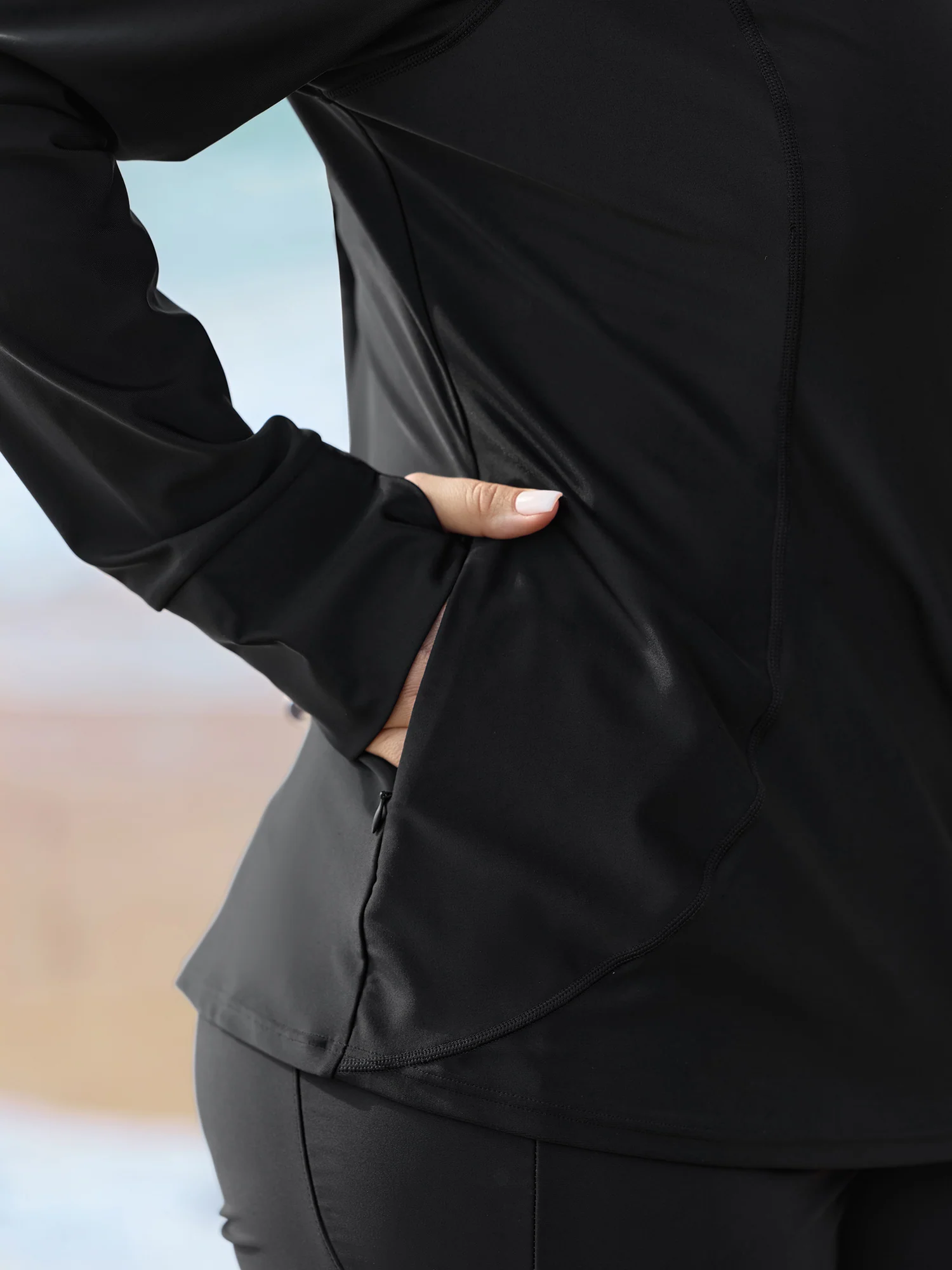 Zipper-Front Pockets Raglan Sleeve Swim Top - Image 3